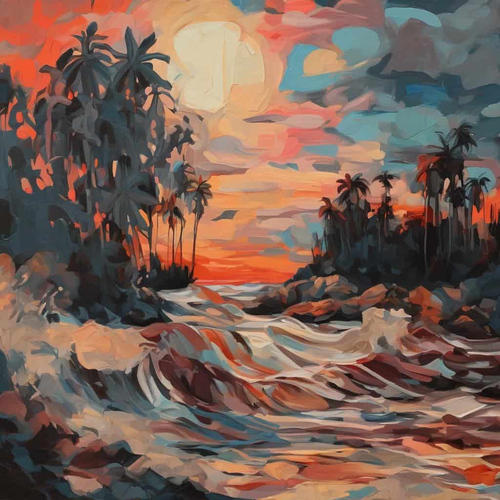 Φυσικό τοπίο με κοχύλια και φοίνικες στο ηλιοβασίλεμα, τέχνη και ανακύκλωση, δημιουργία με νόημα, τέχνη και φύση.