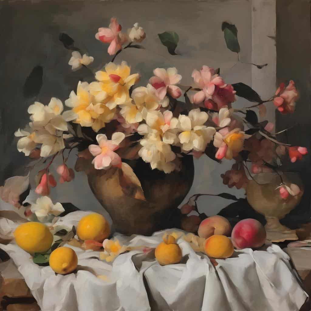 Ομορφιά της τέχνης και της ανακύκλωσης σε ζωγραφική σύνθεση λουλουδιών και φρούτων.