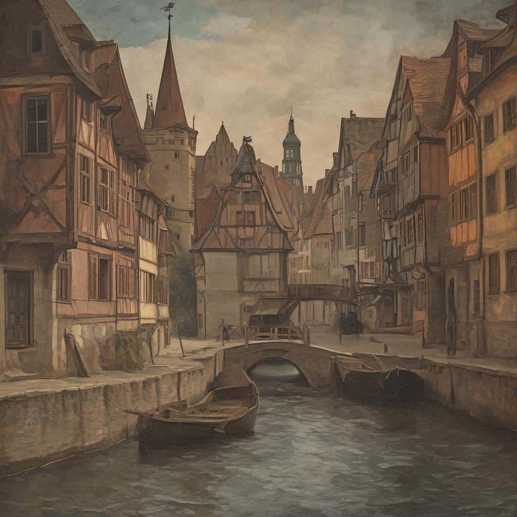 Παραδοσιακή εικόνα με ιστορική ευρωπαϊκή αρχιτεκτονική και κανάλια, αποτέλεσμα τέχνης και ανακύκλωσης.