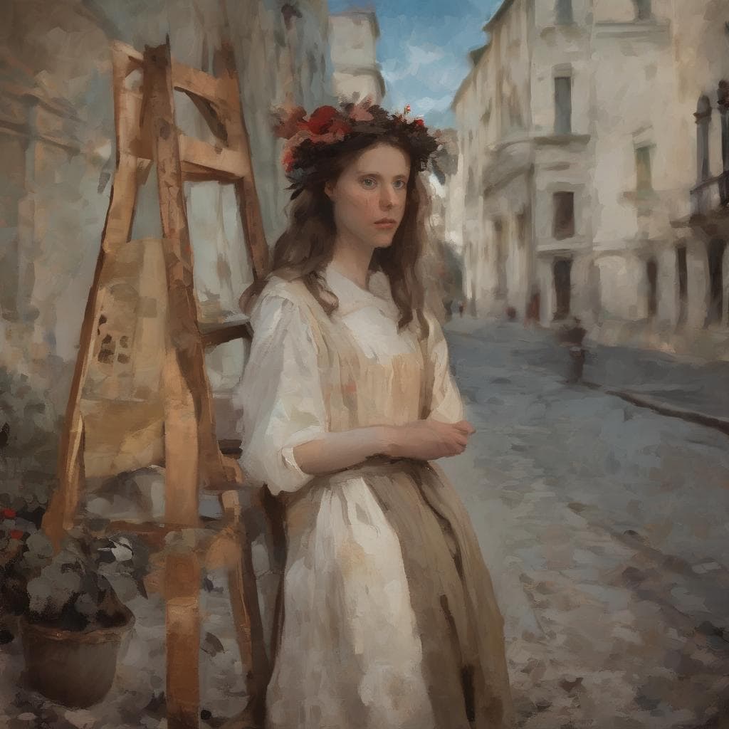 Φωτογραφία από καλλιτεχνική δημιουργία με ανακύκλωση και τέχνη, με νεαρή γυναίκα με στεφάνι από λουλούδια σε παλιό δρόμο.